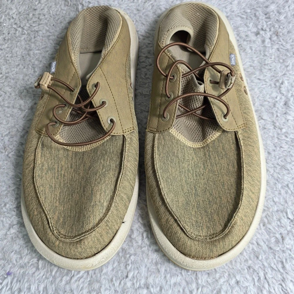 Sanuk 1132530 Boatie Boat Shoe Tan Vibram Sole Bungee Lace Mens 13 Excellent‎